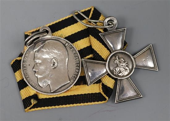 A Russian silver St George Cross no.413373 and Medal no.24124
